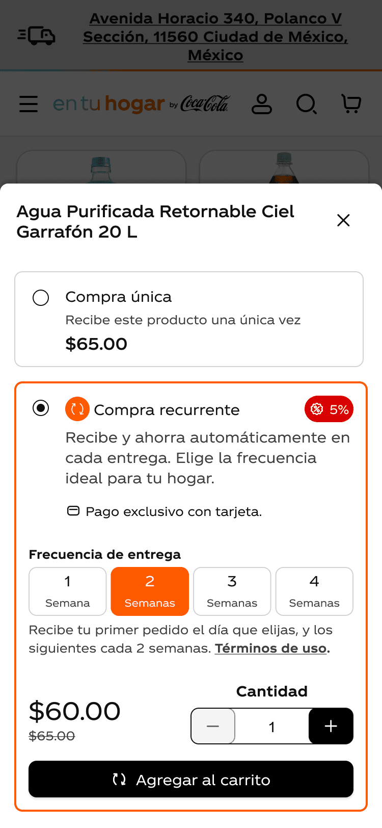 Coca-Cola En tu Hogar, recurring order in the product list