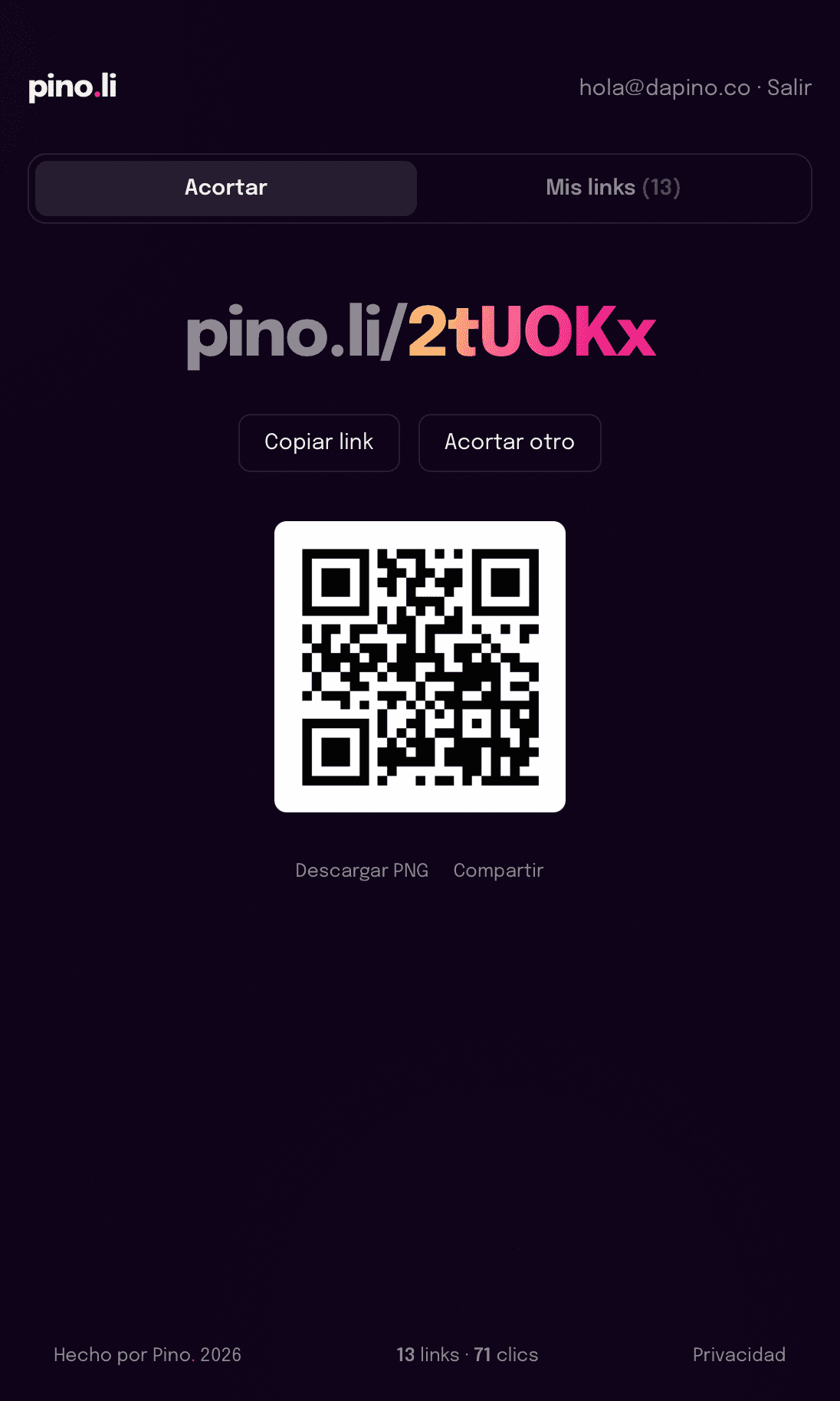 pino.li, the QR code generated for a link